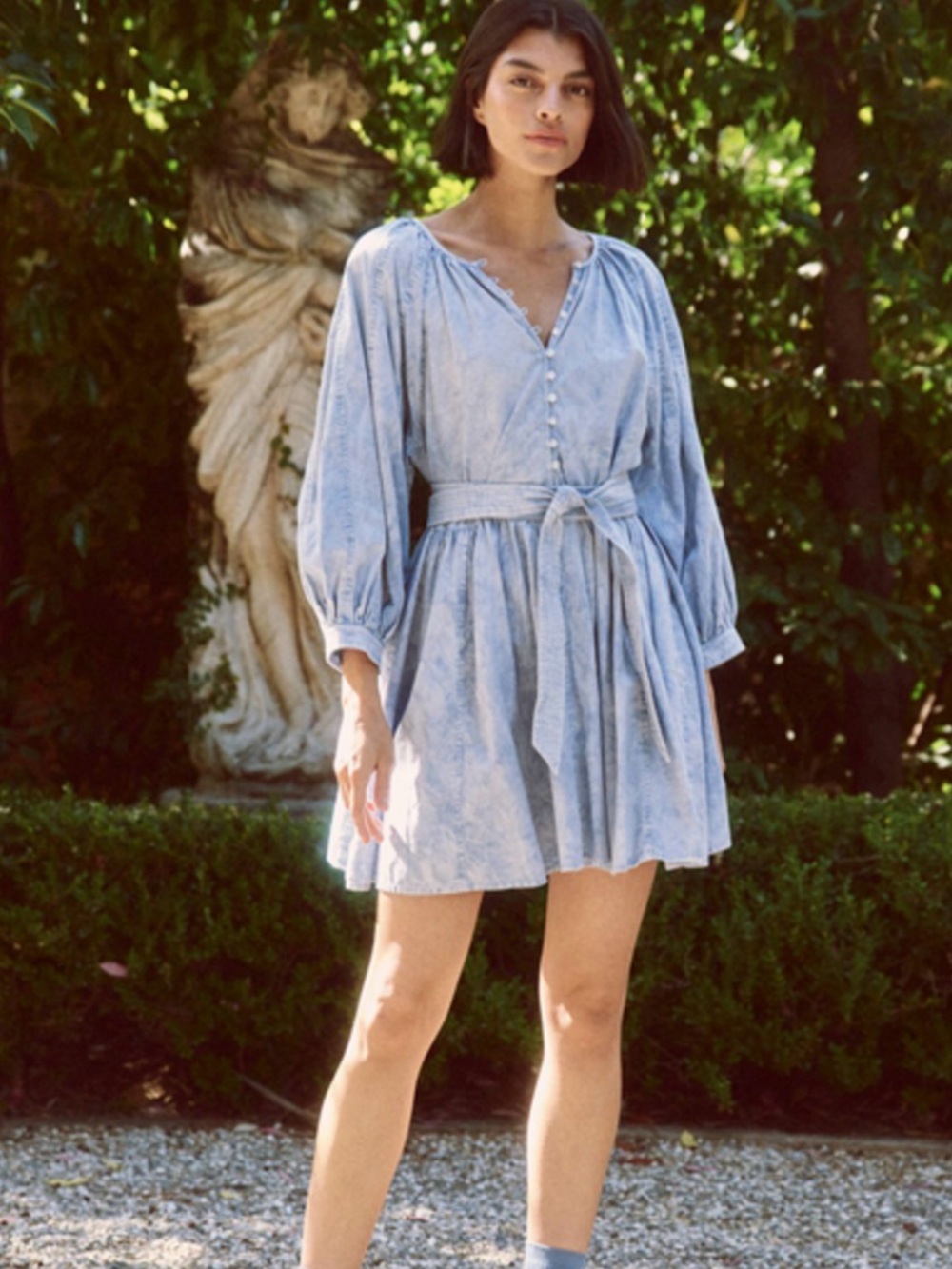 THE GREAT. Pale Blue Bleached-Stripe Tie-waist Dress